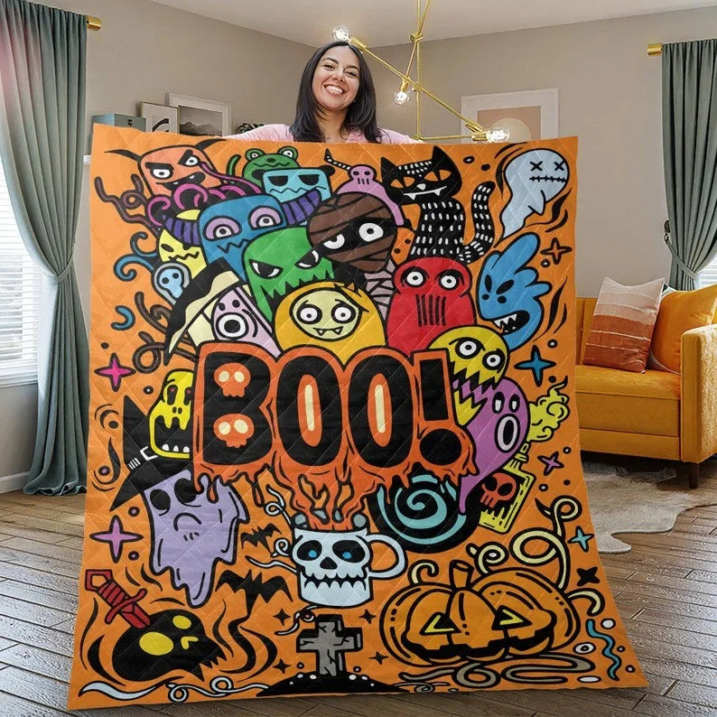 Personalized Vintage Spooky Season Monster Halloween 3-Piece Quilt Bedding Set With Pillowcases
