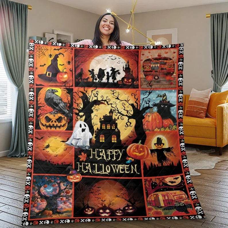 Personalized Vintage Spooky Season Pumpkin Halloween 3-Piece Quilt Bedding Set With Pillowcases