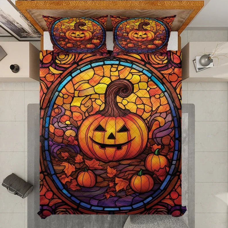 Personalized Vintage Pumpkin Halloween 3-Piece Quilt Bedding Set With Pillowcases