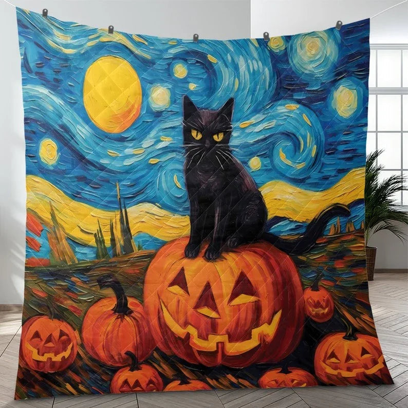 Personalized Cute Evil Black Cat Witch Pumpkin in Starry Night Halloween 3-Piece Quilt Bedding Set With Pillowcases