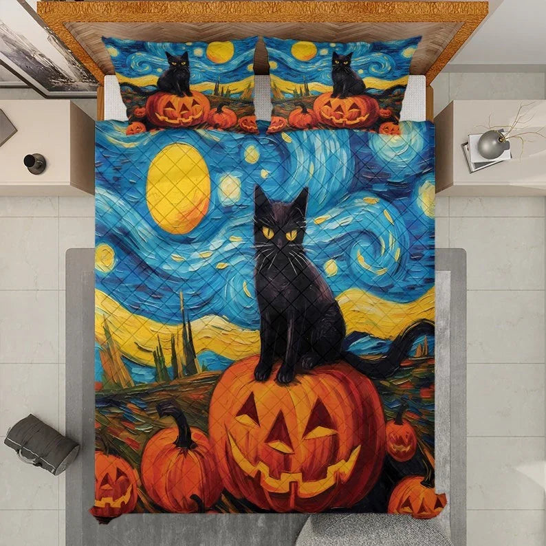 Personalized Cute Evil Black Cat Witch Pumpkin in Starry Night Halloween 3-Piece Quilt Bedding Set With Pillowcases