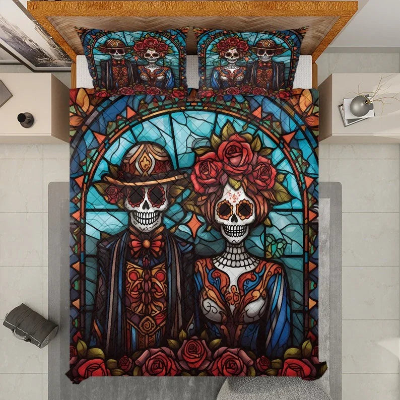 Personalized Vintage Floral Couple Skull Halloween 3-Piece Quilt Bedding Set With Pillowcases