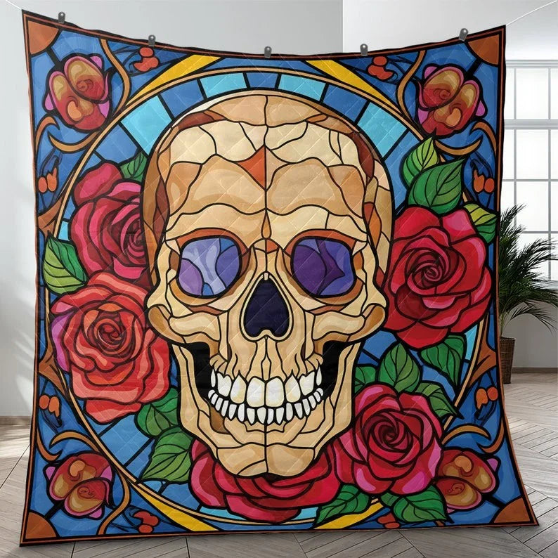 Personalized Retro Flowers Sugar Skull Halloween 3-Piece Quilt Bedding Set With Pillowcases