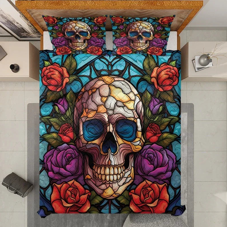 Personalized Retro Flower Sugar Skull Halloween 3-Piece Quilt Bedding Set With Pillowcases