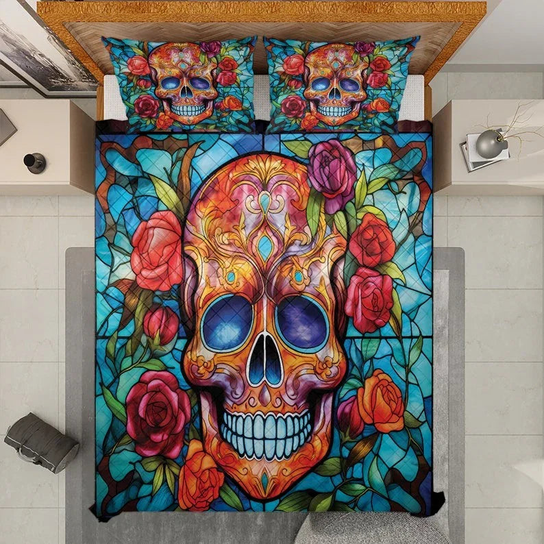 Personalized Flower Sugar Skull Halloween 3-Piece Quilt Bedding Set With Pillowcases
