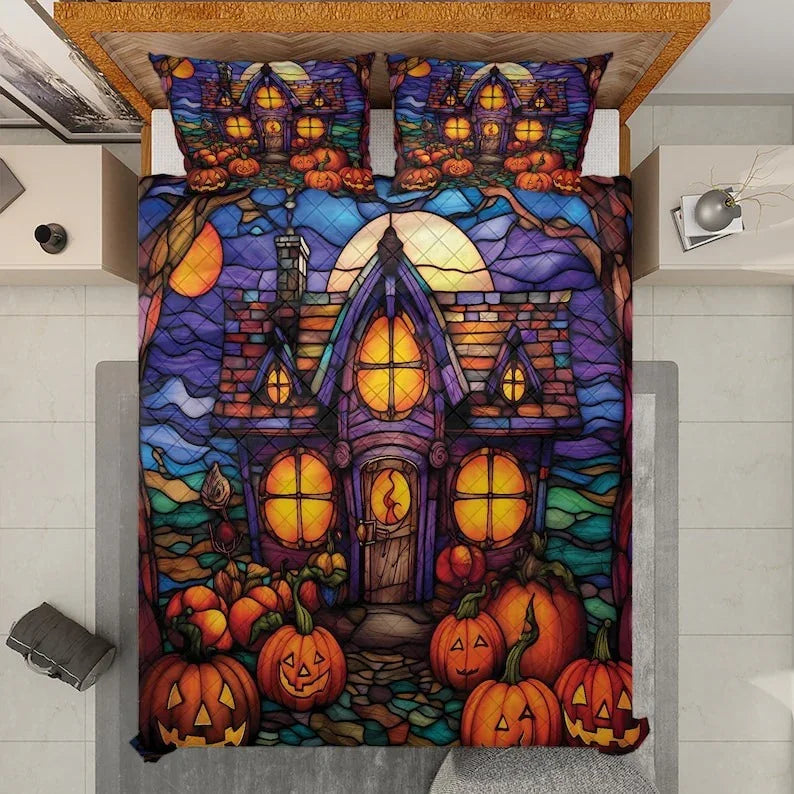 Personalized Vintage Retro Haunted House with Pumpkin Halloween 3-Piece Quilt Bedding Set With Pillowcases