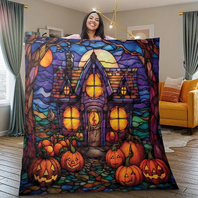 Personalized Vintage Retro Haunted House with Pumpkin Halloween 3-Piece Quilt Bedding Set With Pillowcases