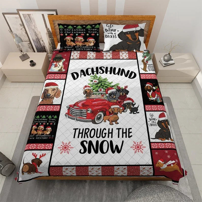 Personalized Dachshund Through The Snow Christmas Cartoon 3-Piece Quilt Bedding Set With Pillowcases