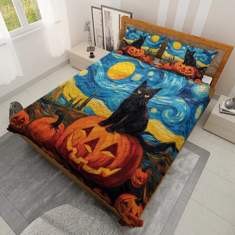 Personalized Cute Evil Black Cat Witch Pumpkin in Starry Night Halloween 3-Piece Quilt Bedding Set With Pillowcases