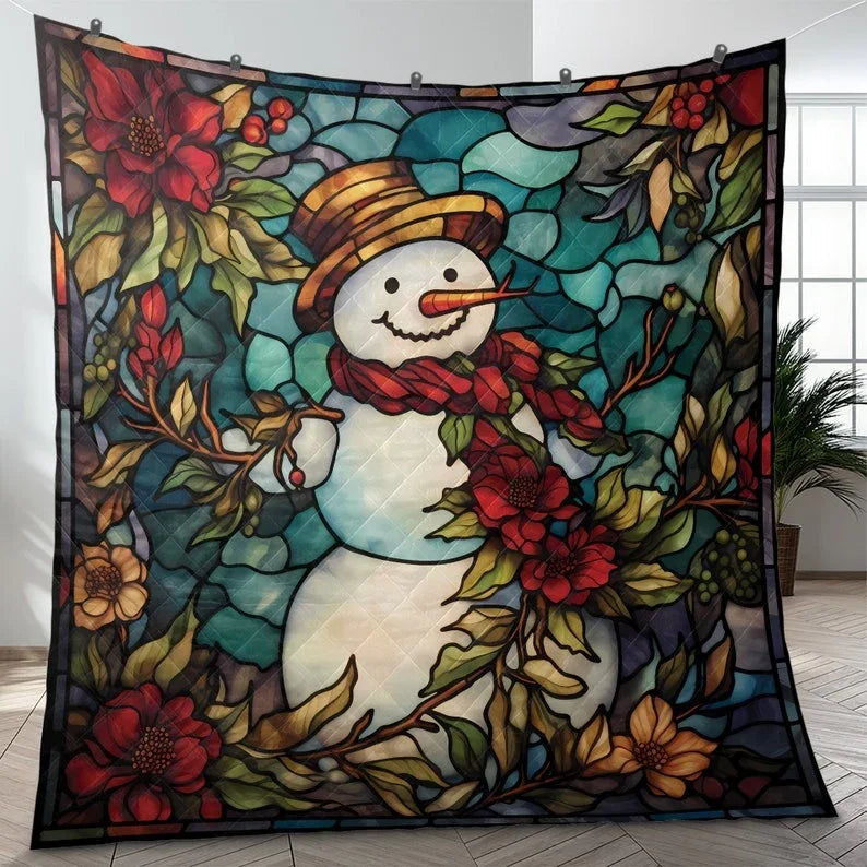 Personalized Colorful Snowman Flowers Christmas 3-Piece Quilt Bedding Set With Pillowcases