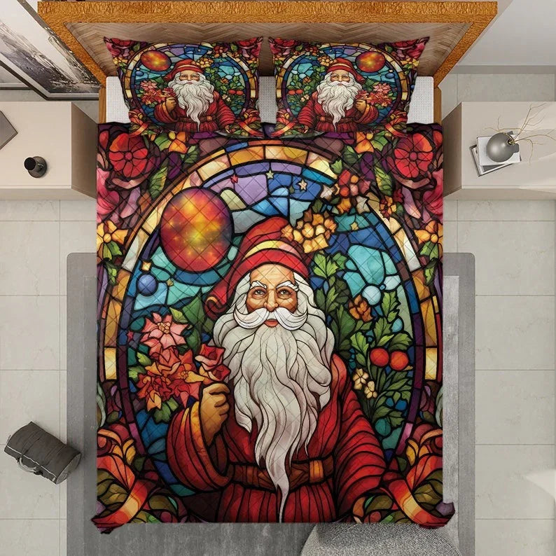 Personalized Vintage Santa Claus with Flower Christmas 3-Piece Quilt Bedding Set With Pillowcases