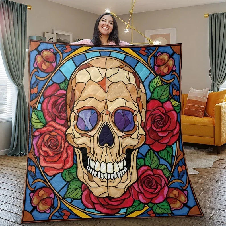 Personalized Retro Flowers Sugar Skull Halloween 3-Piece Quilt Bedding Set With Pillowcases