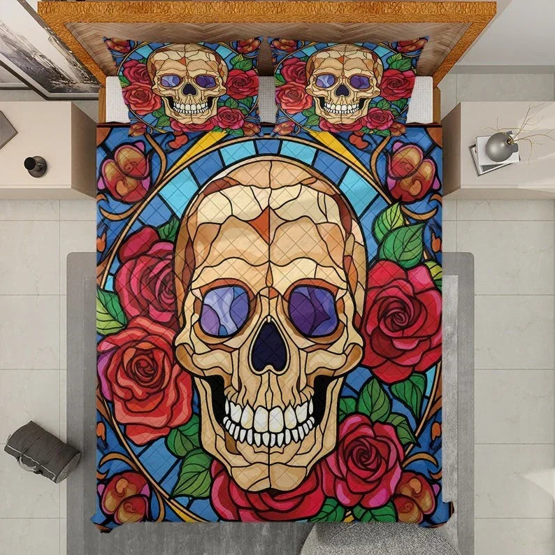 Personalized Retro Flowers Sugar Skull Halloween 3-Piece Quilt Bedding Set With Pillowcases