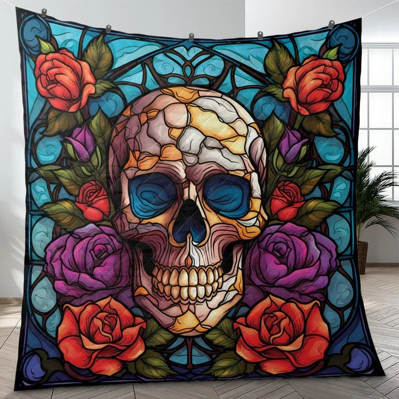 Personalized Retro Flower Sugar Skull Halloween 3-Piece Quilt Bedding Set With Pillowcases