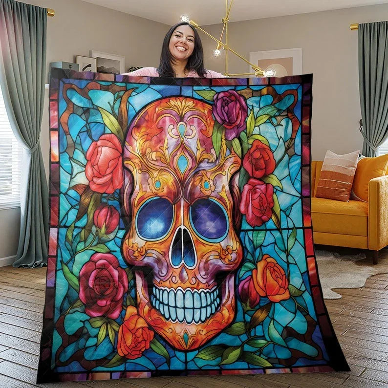 Personalized Flower Sugar Skull Halloween 3-Piece Quilt Bedding Set With Pillowcases