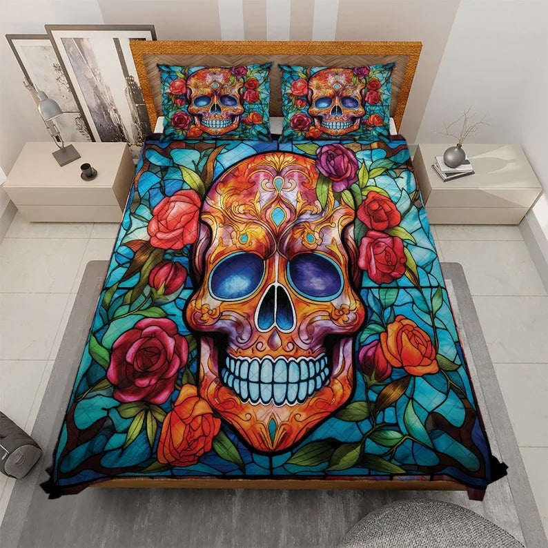 Personalized Flower Sugar Skull Halloween 3-Piece Quilt Bedding Set With Pillowcases