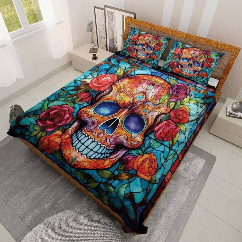 Personalized Flower Sugar Skull Halloween 3-Piece Quilt Bedding Set With Pillowcases