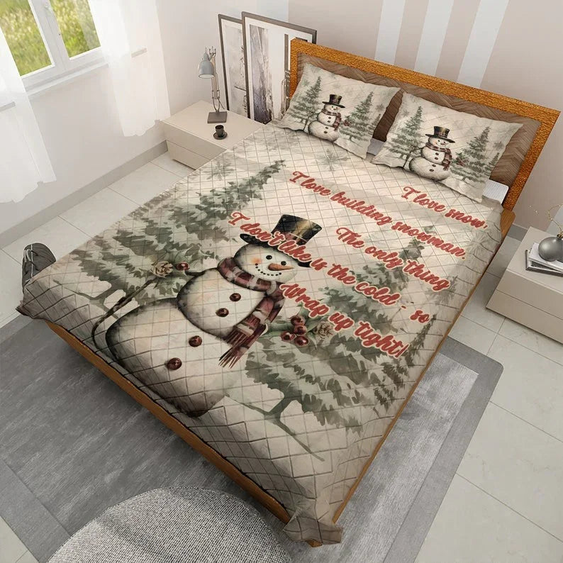 Personalized Snowman Christmas Quote 3-Piece Quilt Bedding Set With Pillowcases