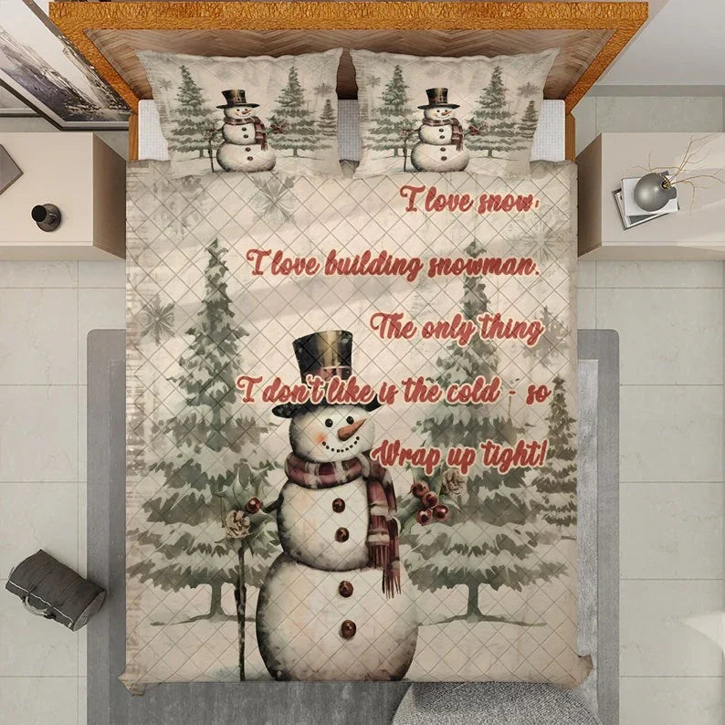 Personalized Snowman Christmas Quote 3-Piece Quilt Bedding Set With Pillowcases