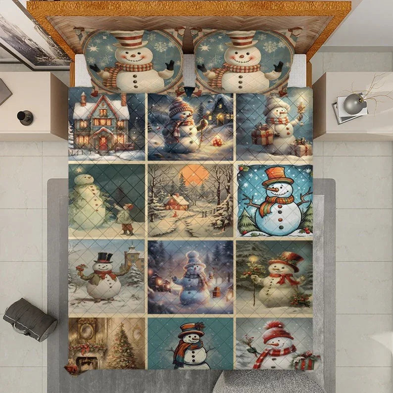 Personalized Vintage Snowman Patchwork Christmas 3-Piece Quilt Bedding Set With Pillowcases