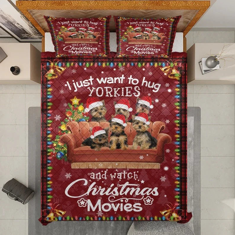 Personalized Awesome Yorkshire Terrier Dog Christmas 3-Piece Quilt Bedding Set With Pillowcases