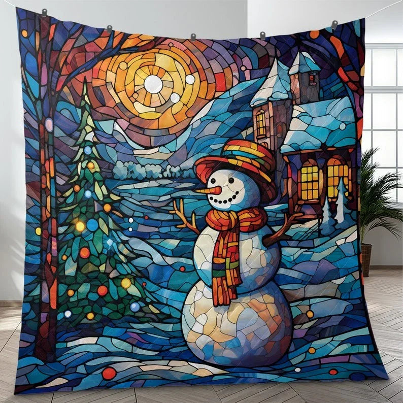 Personalized Vintage Snowman Christmas Tree in Starry Night 3-Piece Quilt Bedding Set With Pillowcases