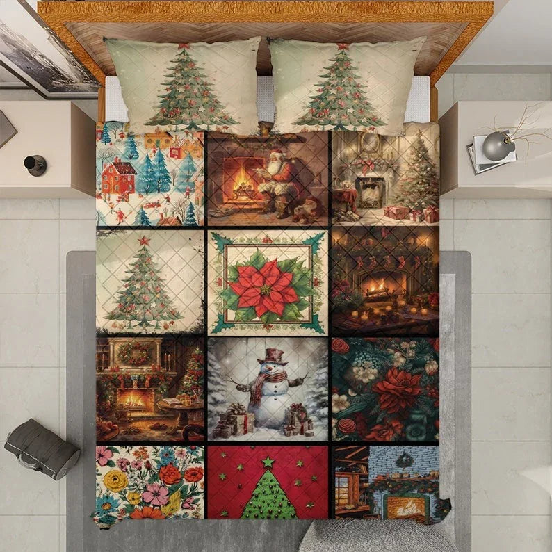 Personalized Vintage Snowman Flowers Christmas 3-Piece Quilt Bedding Set With Pillowcases