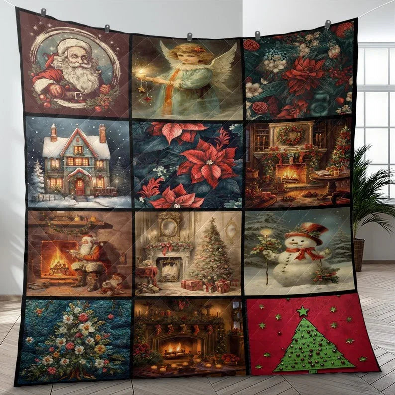 Personalized Vintage Snowman Flowers Christmas Tree Collage 3-Piece Quilt Bedding Set With Pillowcases