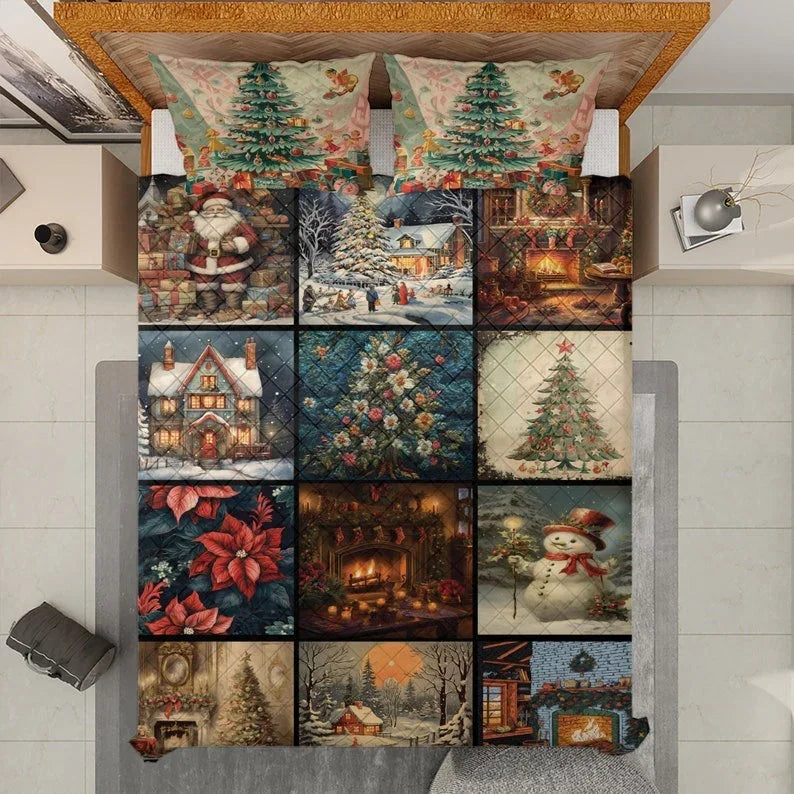 Personalized Vintage Snowman Flowers Christmas Tree Fireplace Collage 3-Piece Quilt Bedding Set With Pillowcases
