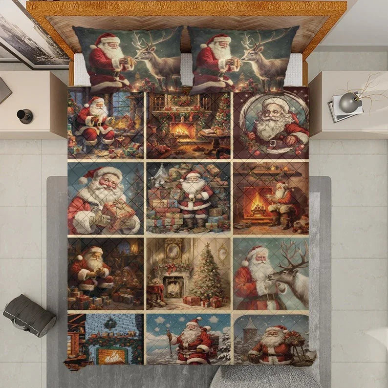 Personalized Vintage Santa Claus Patchwork Christmas 3-Piece Quilt Bedding Set With Pillowcases