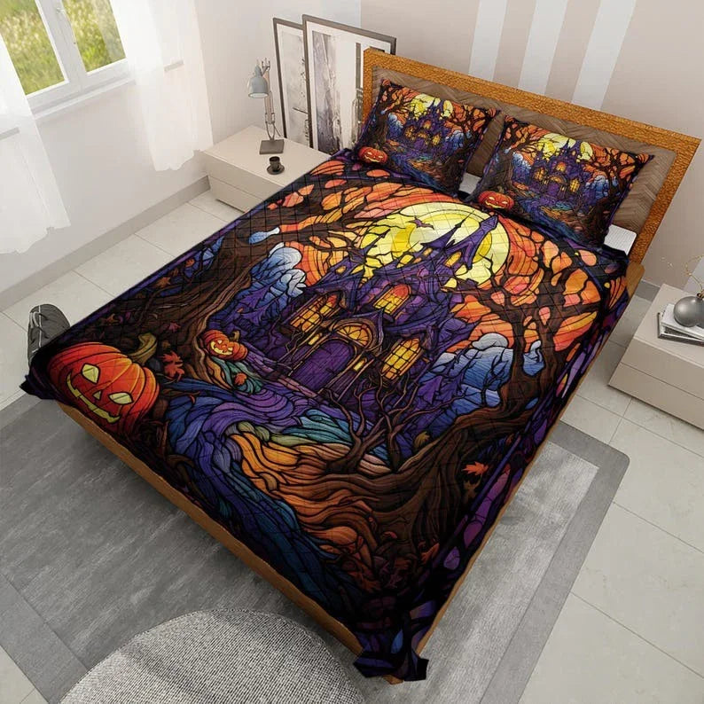 Personalized Retro Haunted House in Starry Night Halloween 3-Piece Quilt Bedding Set With Pillowcases