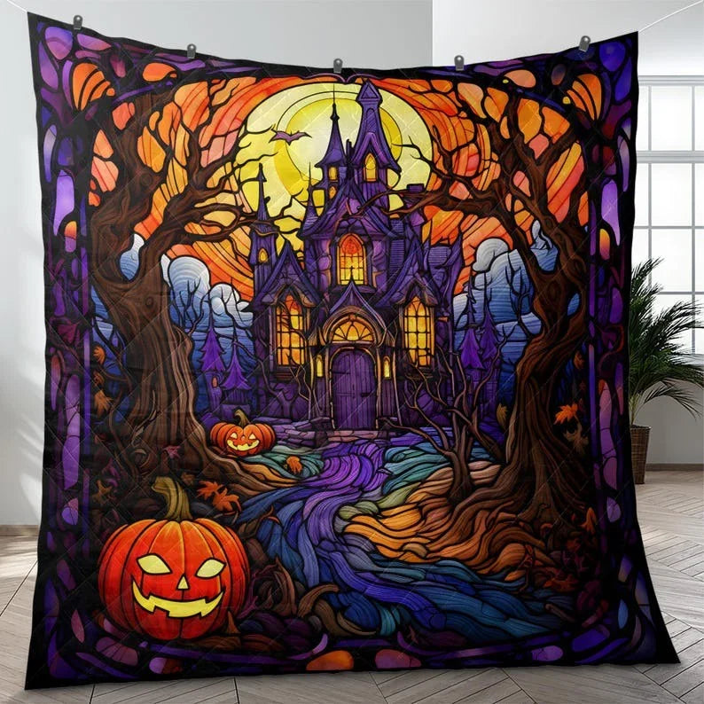 Personalized Retro Haunted House in Starry Night Halloween 3-Piece Quilt Bedding Set With Pillowcases