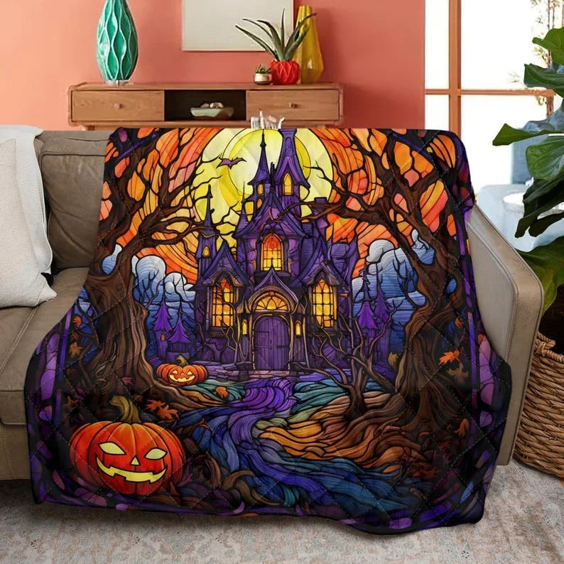 Personalized Retro Haunted House in Starry Night Halloween 3-Piece Quilt Bedding Set With Pillowcases