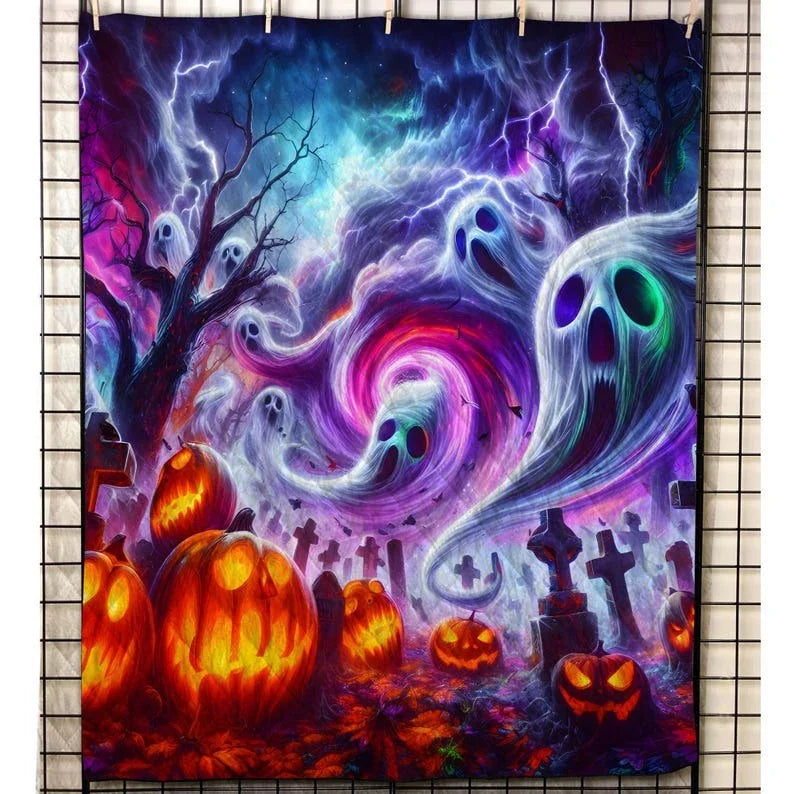 Personalized Pumpkin Ghost in Starry Night Halloween 3-Piece Quilt Bedding Set With Pillowcases