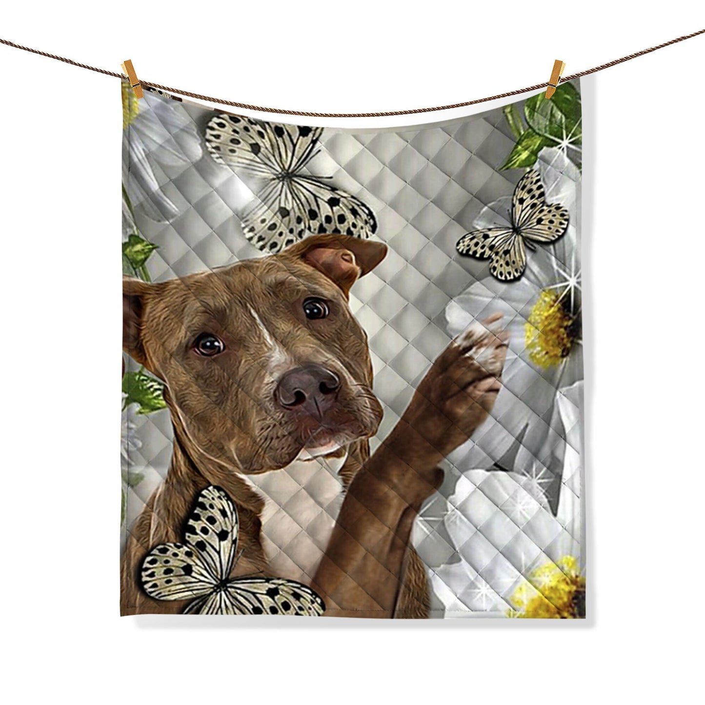 Pitbull Quilt Set, Pitbull and Flower Quilt Blanket & Pillowcases, Pitbull Butterfly Quilt Bedding Set, Gift for Dog Lover, Dog Mom, Dog Dad