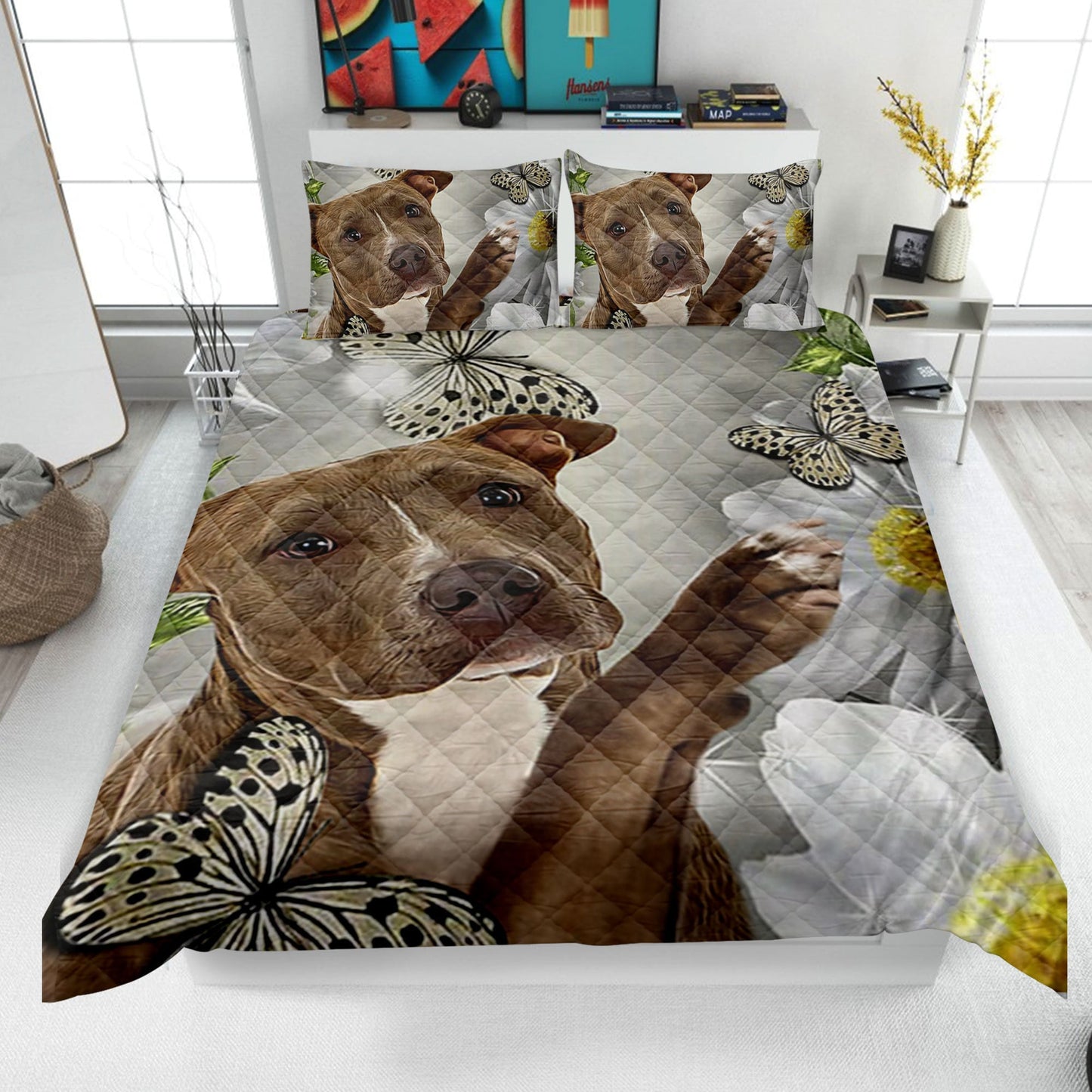 Pitbull Quilt Set, Pitbull and Flower Quilt Blanket & Pillowcases, Pitbull Butterfly Quilt Bedding Set, Gift for Dog Lover, Dog Mom, Dog Dad