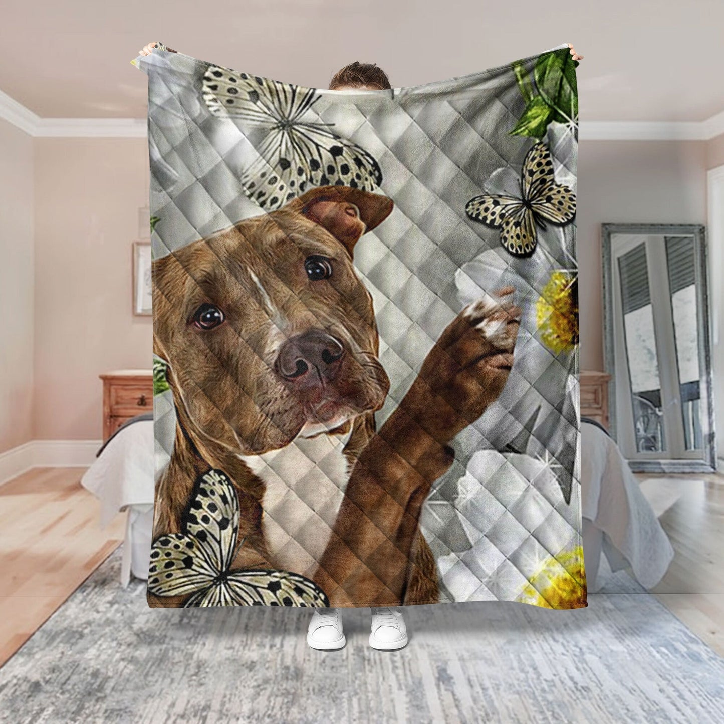 Pitbull Quilt Set, Pitbull and Flower Quilt Blanket & Pillowcases, Pitbull Butterfly Quilt Bedding Set, Gift for Dog Lover, Dog Mom, Dog Dad