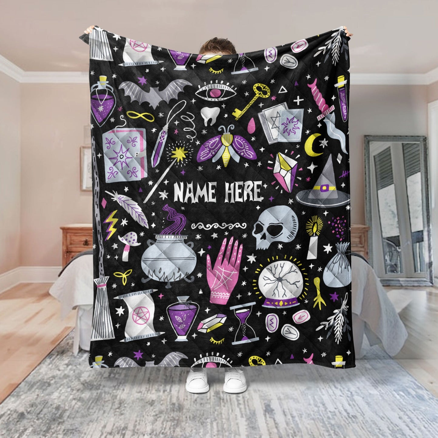 Personalized Witch Quilt Set, Witch Things Quilt Blanket & Pillowcase, Custom Name Quilt Bedding Set, Bedspread, Witchy Gift, Halloween Gift