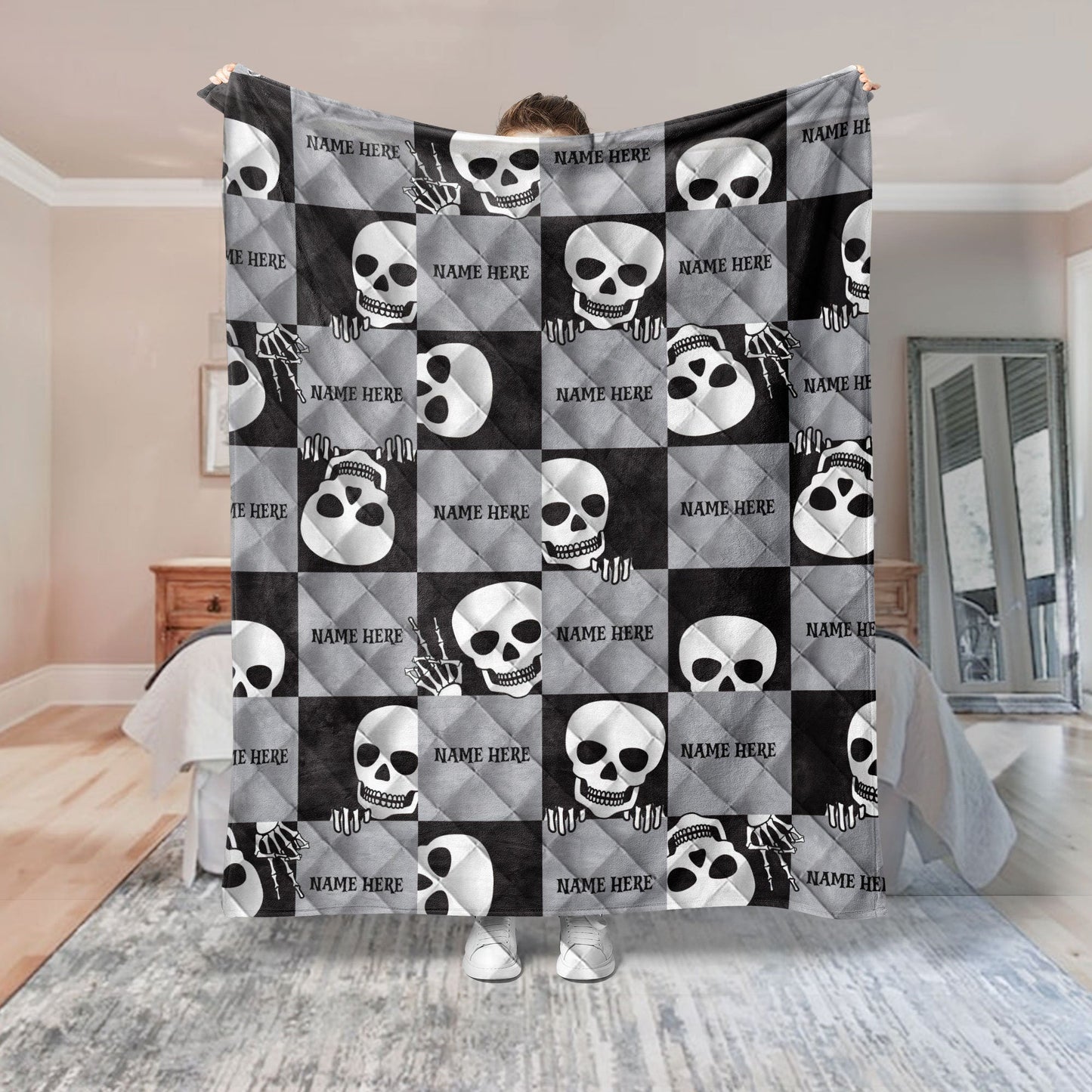 Personalized Skeleton Quilt Set, Funny Skeleton Quilt Blanket & Pillowcase, Custom Name Quilt Bedding Set, Bedspread, Halloween Gothic Gift
