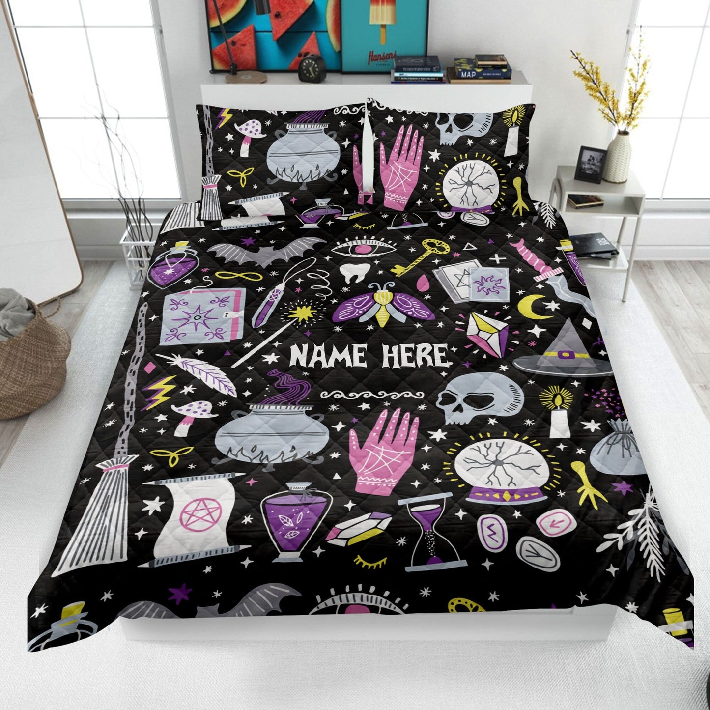 Personalized Witch Quilt Set, Witch Things Quilt Blanket & Pillowcase, Custom Name Quilt Bedding Set, Bedspread, Witchy Gift, Halloween Gift