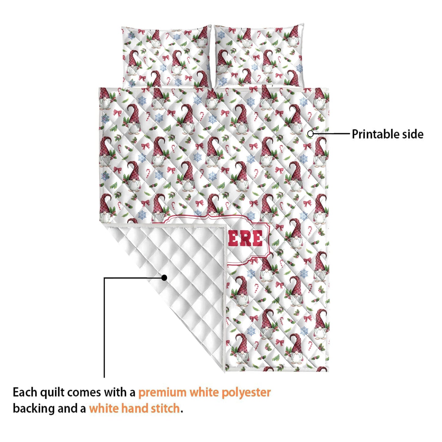 Personalized Christmas Gnome Quilt Set, Xmas Gnomes Pattern Quilt Blanket & Pillowcases, Custom Name Quilt Bedding Set, Christmas Gift