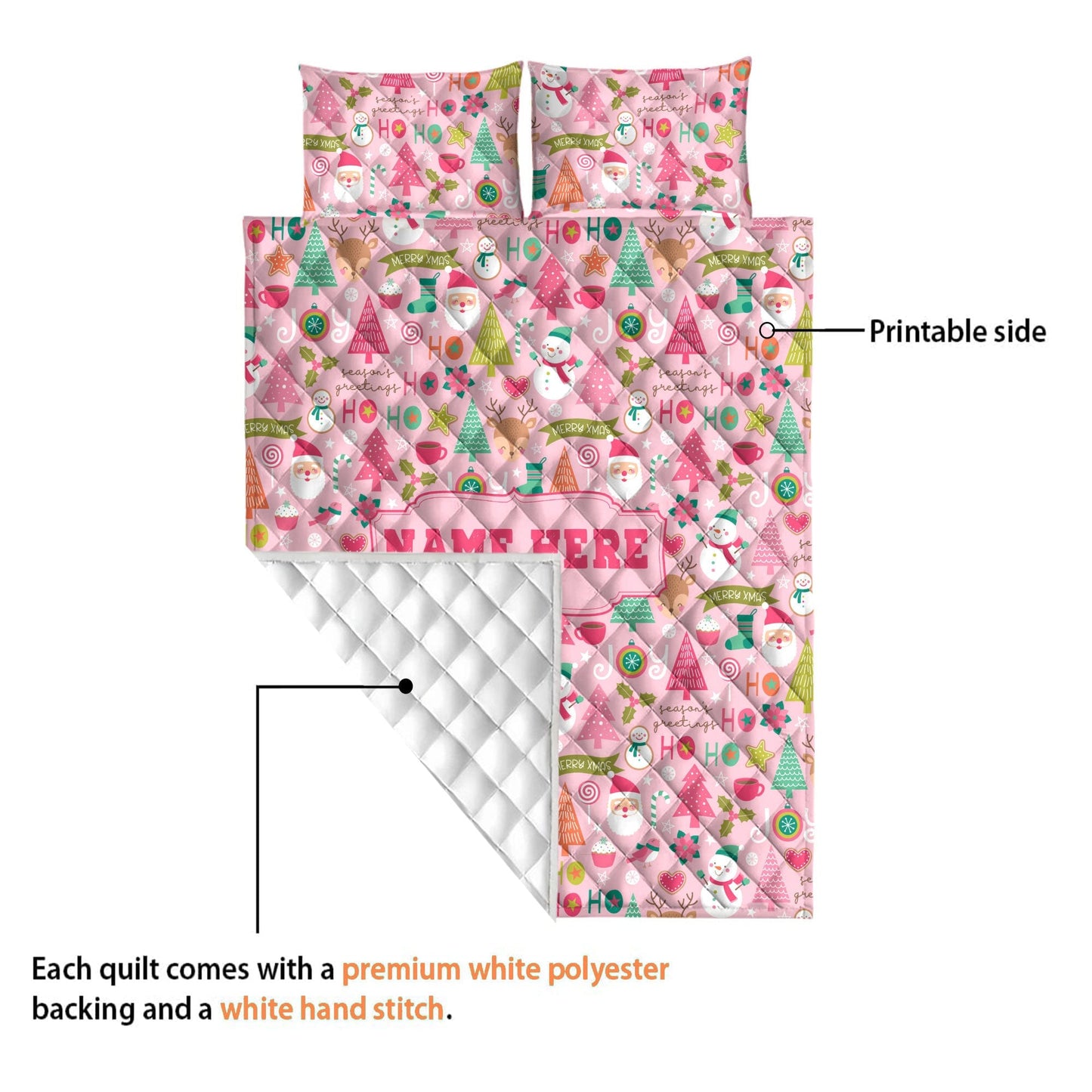 Personalized Christmas Quilt Set, Xmas Holiday Pink Pattern Quilt Blanket & Pillowcases, Custom Name Quilt Bedding Set, Christmas Gift
