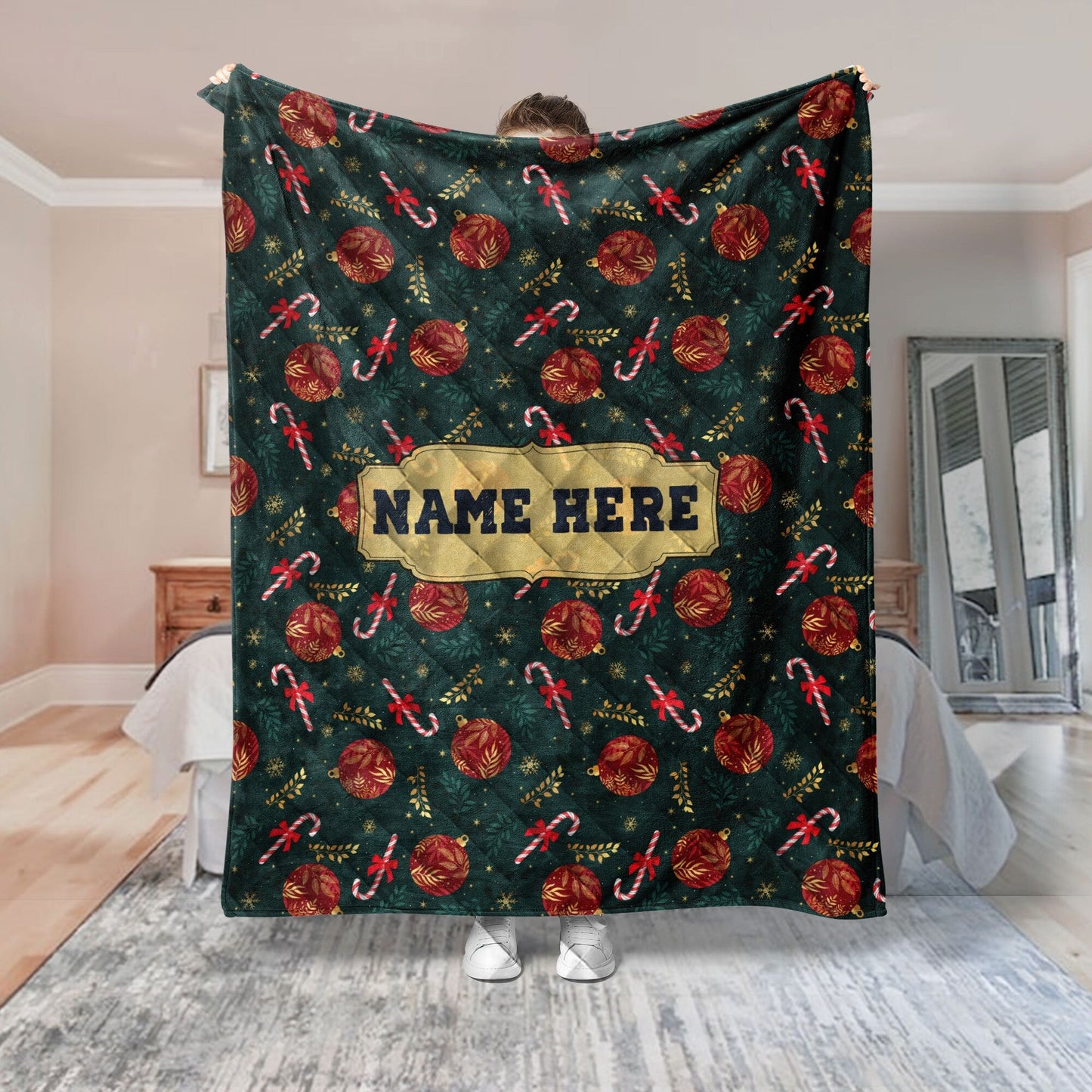 Personalized Christmas Quilt Set, Xmas Candy Cane Quilt Blanket & Pillowcases, Custom Name Quilt Bedding Set, Bedspread, Christmas Gift