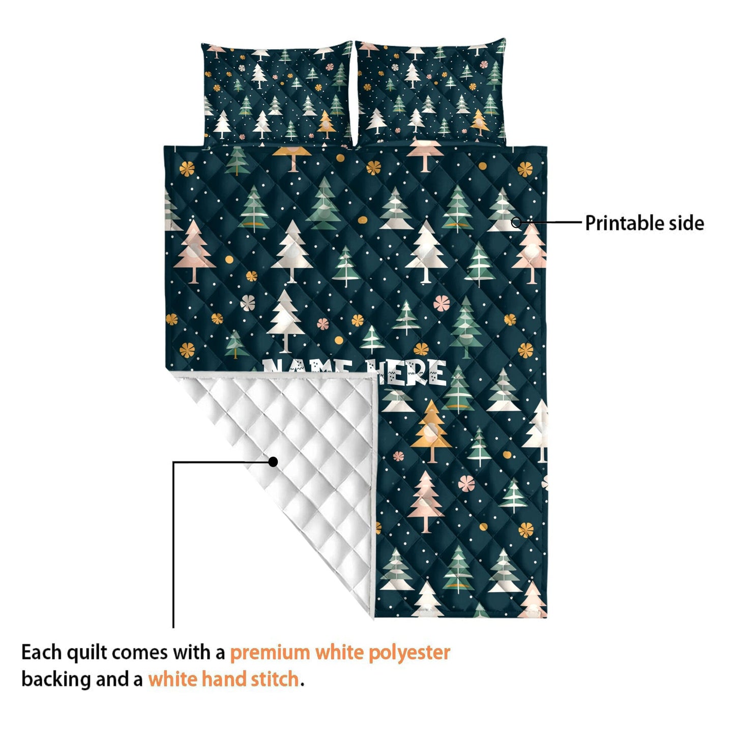 Personalized Christmas Quilt Set, Xmas Holiday Pine Tree Quilt Blanket & Pillowcases, Custom Name Quilt Bedding Set, Christmas Gift