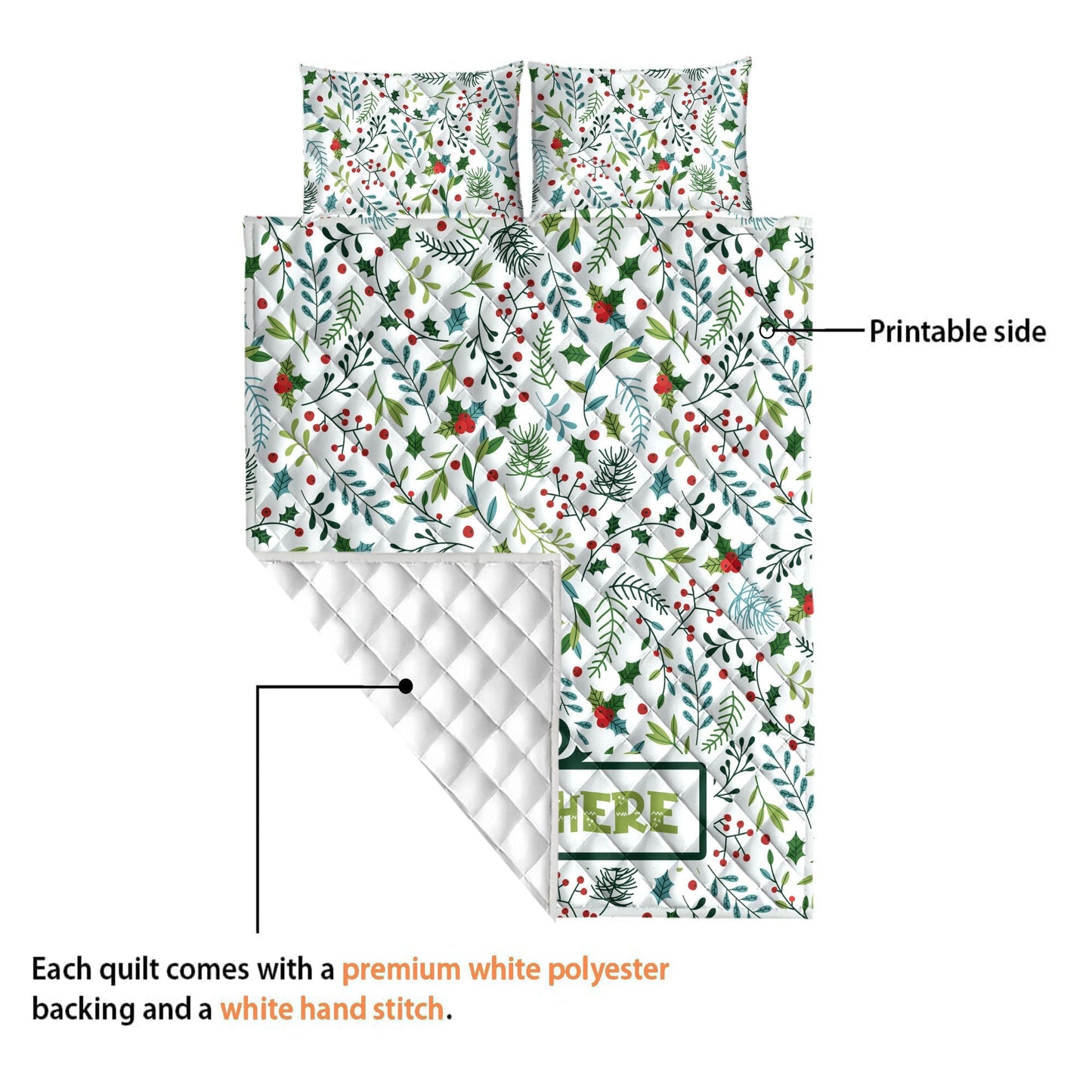 Personalized Christmas Quilt Set, Xmas Holly Berry Quilt Blanket & Pillowcases, Custom Name Quilt Bedding Set, Bedspread, Christmas Gift