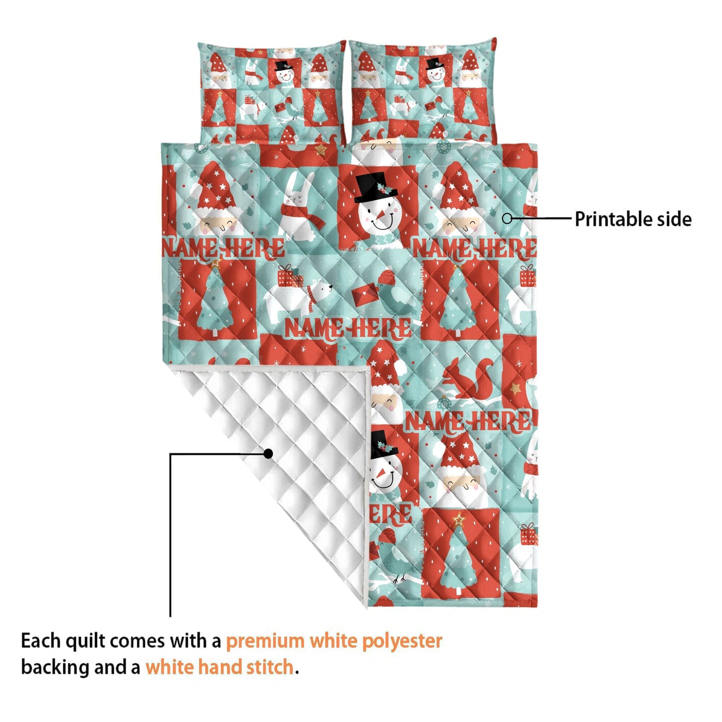 Personalized Christmas Quilt Set, Xmas Snowman Santa Pattern Quilt Blanket & Pillowcases, Custom Name Quilt Bedding Set, Christmas Gift