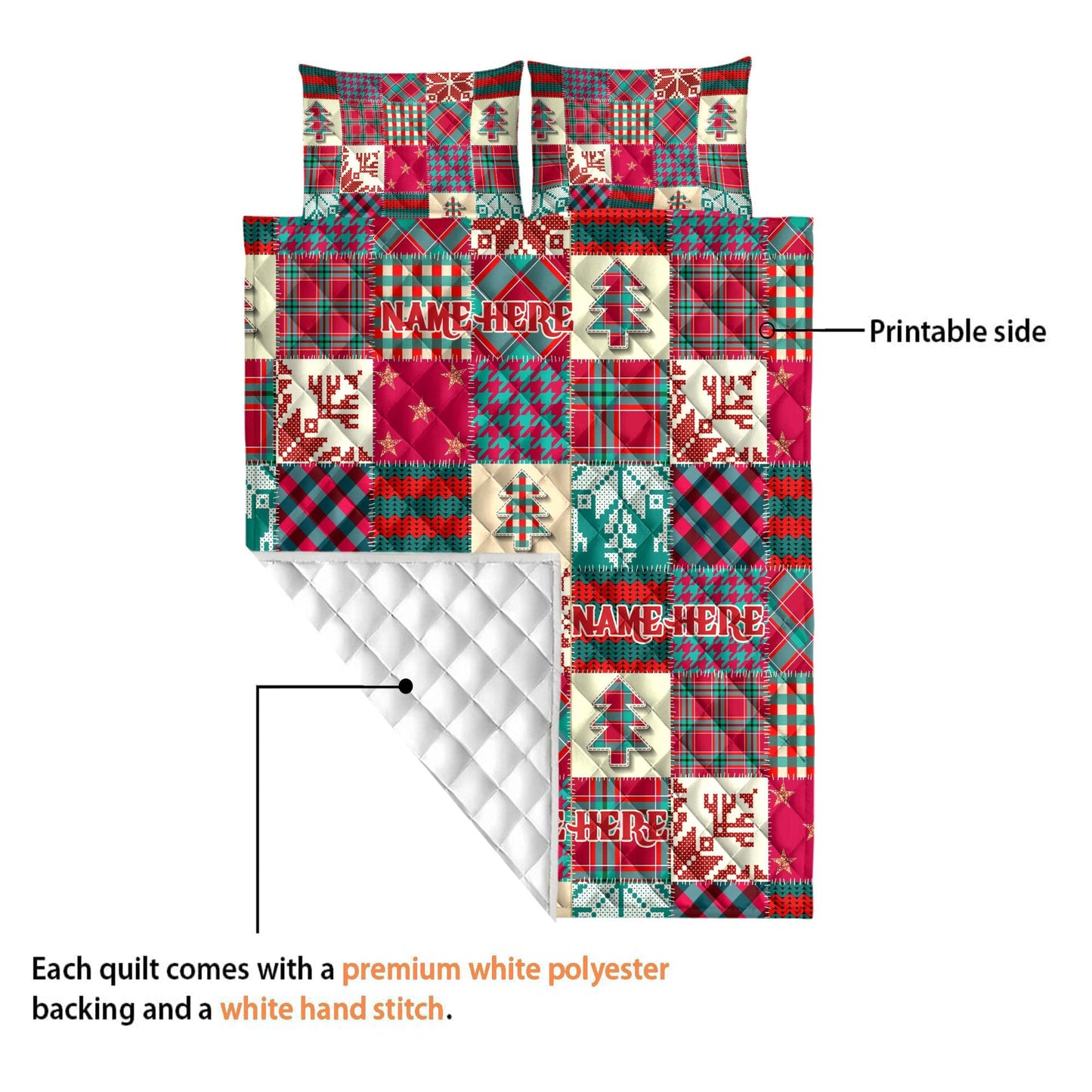 Personalized Christmas Quilt Set, Xmas Red Buffalo Plaid Pattern Quilt Blanket & Pillowcases, Custom Name Quilt Bedding Set, Christmas Gift