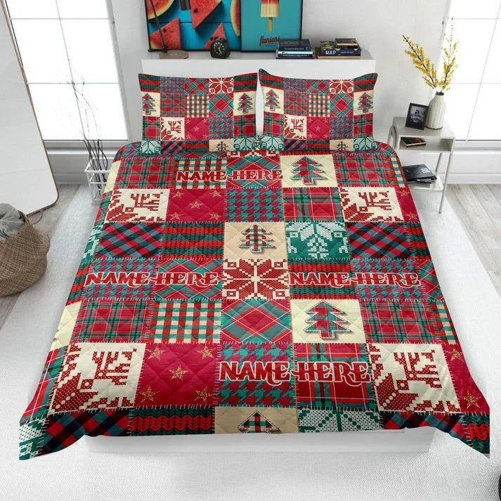 Personalized Christmas Red Buffalo Plaid Pattern 3-Piece Quilt Bedding Set With Pillowcases