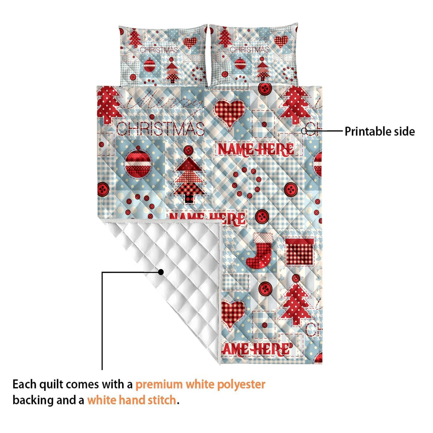 Personalized Christmas Quilt Set, Xmas Pine Tree Holiday Pattern Quilt Blanket & Pillowcases, Custom Name Quilt Bedding Set, Christmas Gift