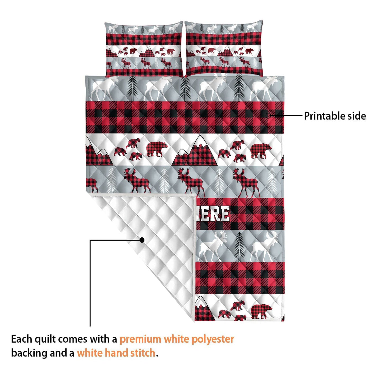 Personalized Christmas Quilt Set, Custom Red Buffalo Plaid Quilt Blanket & Pillowcases, Rustic Moose Bear Quilt Bedding Set, Christmas Gift